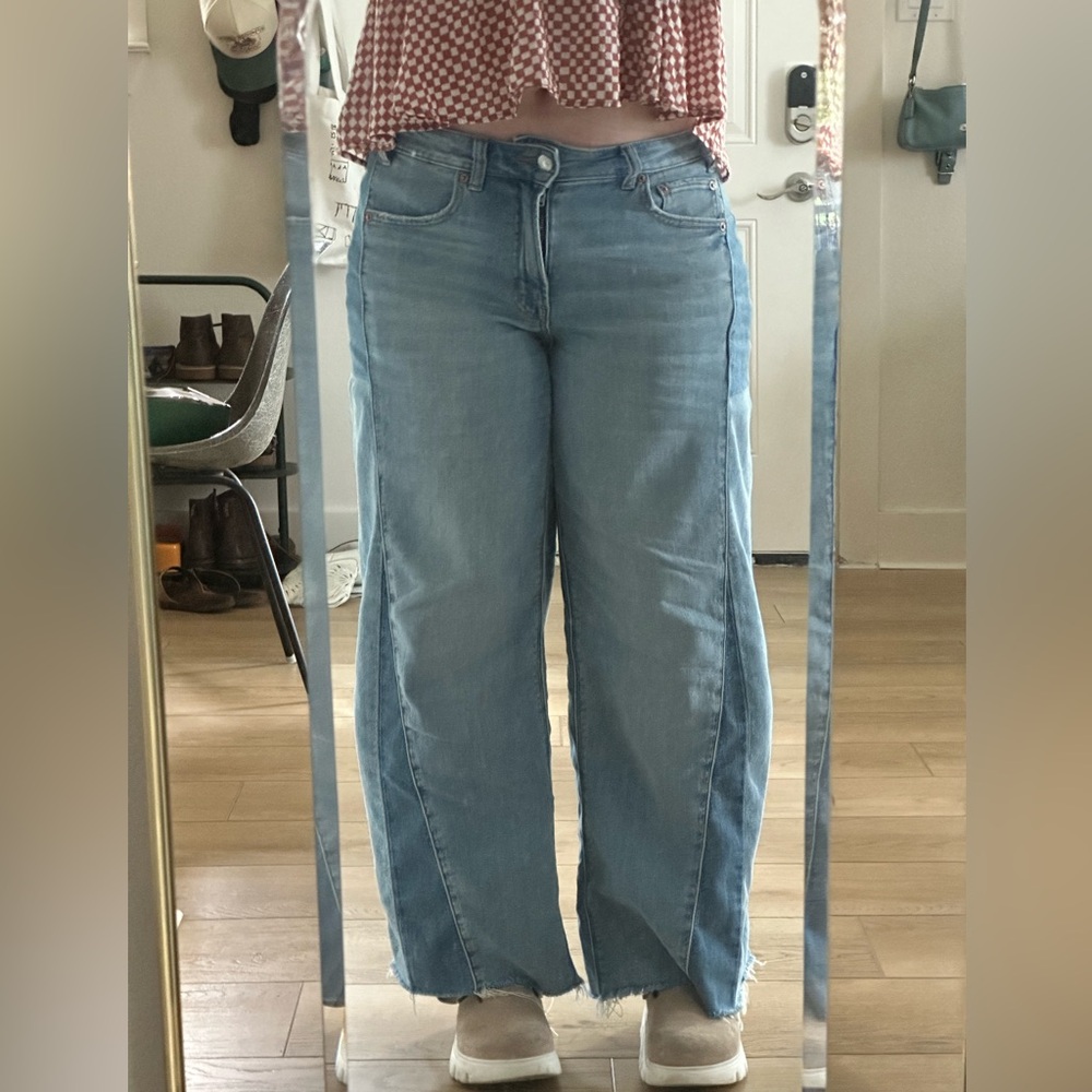 American Eagle Outfitters Blue Flare Wide Leg Jeans Dreamy Drape Stretch 4 short